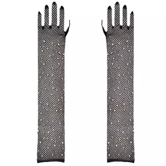 Fishnet Long Gloves Women Rhinestones Gloves Mesh Wrist Arm Gloves Dance Gloves