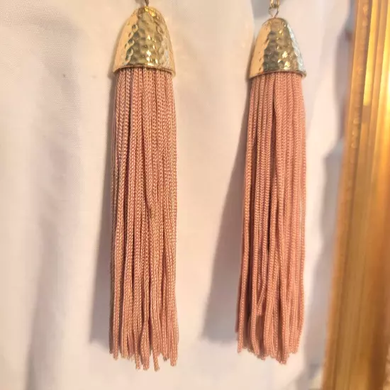 Champagne Pink- TASSLE Gold Tone Beaded Fringe Dangle Earrings 6 INCHES Pierced