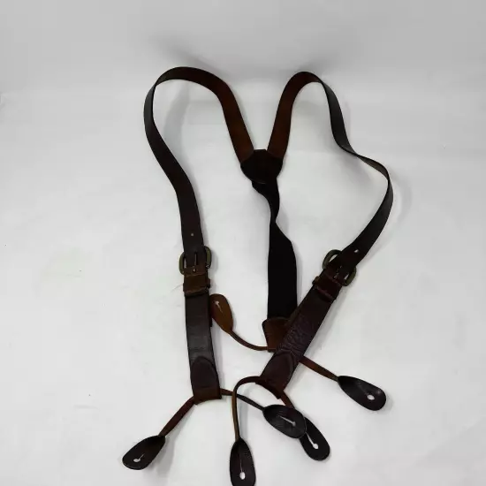 Vintage Eddie Bauer Brown Leather Button-On Suspenders Buckle Made In USA