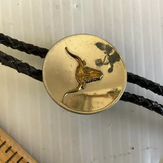 Vintage Bolo Tie Steer Bull Shield Gold Silver Tone Missing Tip