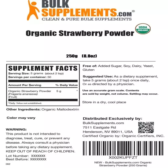 BulkSupplements.com Organic Strawberry Powder - Strawberry Flavor Powder - Su...