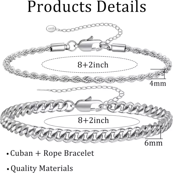 2 Pcs 925 Sterling Silver Chain Bracelet Set, Figaro & Cuban Link, 7-9 Inch,Men