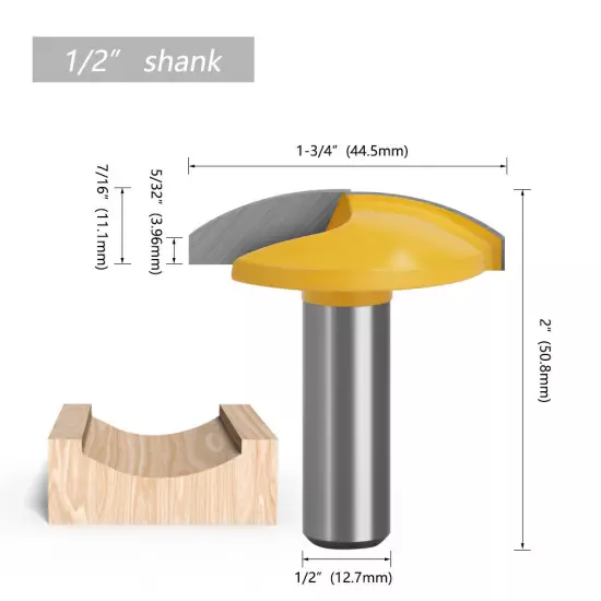 1/2 12mm Shank Horizontal Crown Router Bit Bowl Radius 1-3/4 Woodworking Cutter