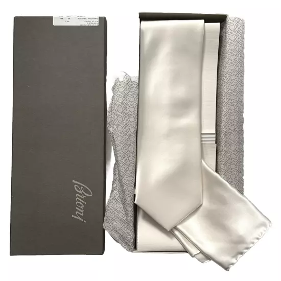 NEW BRIONI NECK TIE & POCKET SQUARE 100% SILK CREAM WHITE SATIN GIFT STORAGE BOX