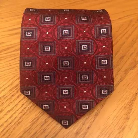 Jos. A. Bank Signature Silk Tie, Red Blue Brown & White Geometric Design