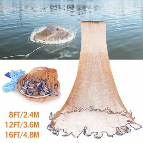 8 12/16/20ft Fishing Cast Net Bait Easy Throw Hand Cast Trap Line Mesh+ Sinker