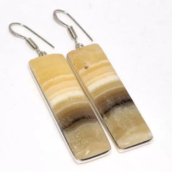 Zebra Calcite 925 Silver Plated Gemstone Earrings 2.5" Aesthetic Jewellery GW