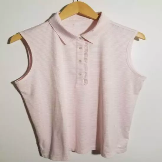 NWT WOMEN'S TORY SPORT S/L RUFFLE POLO, SIZE: LARGE, COLOR: PINK/WHITE (J376)