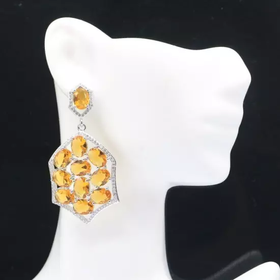 Fancy Long Big Created Golden Citrine White CZ Ladies Present Silver Earrings