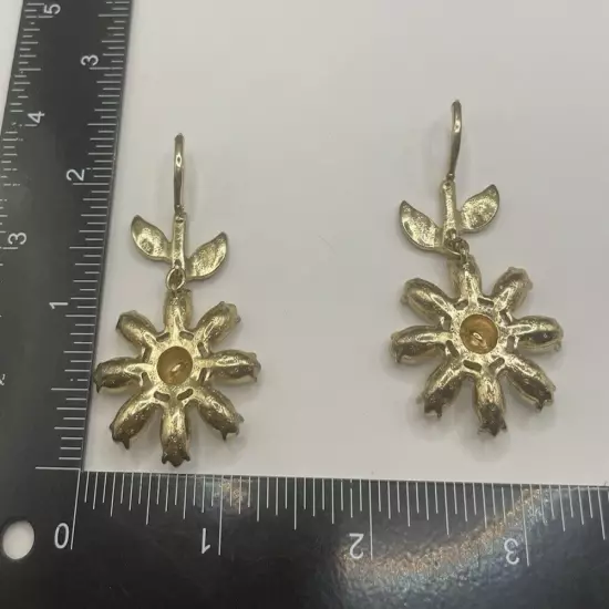 Betsey Johnson Daisy Flower with Green Leaves & Clear Crystal Earrings