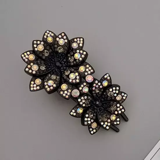 Ladies Rhinestone Double Flower Hair Clip Barrettes Crystal Comb Large Catch 1x-