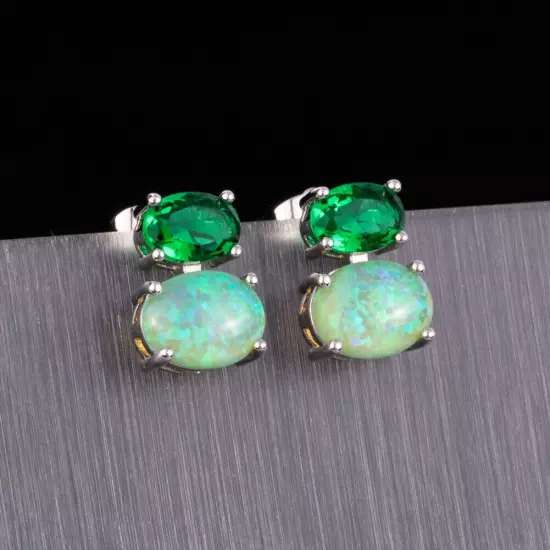 7x9 Green Fire Opal Simulated Emerald Silver Filled Jewelry Women Stud Earrings