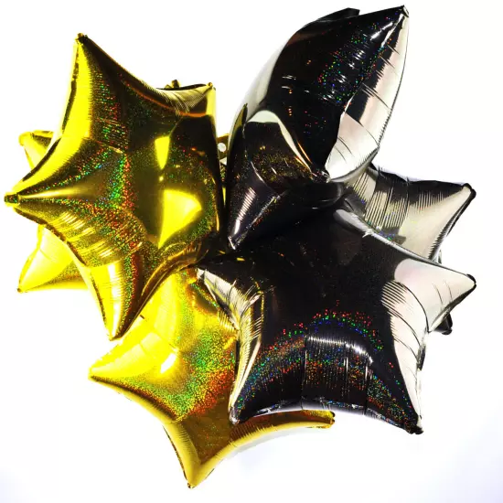 6 X Holographic Coloured Star Foil Balloons Party Helium Air Wedding Black Gold