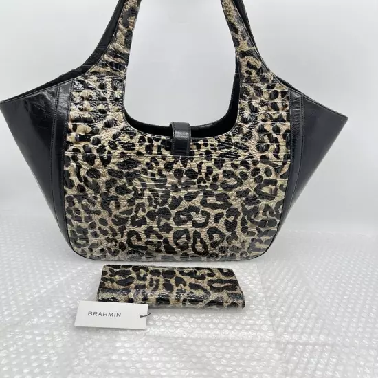 Brahmin Carla Snow Leopard Print Oversized Black Leather Tote w/ Matching Wallet