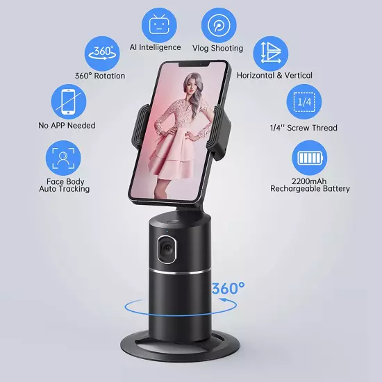 Auto Face Tracking Phone Holder, No App Required, 360° Rotation Face Body Phone 