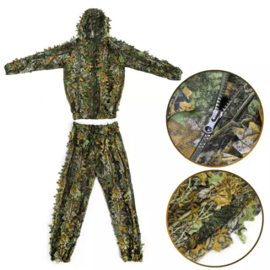 3D Sneaky Camo Ghillie Suit Leaf Woodland Jungle Stealth Coat + Pants Hunting