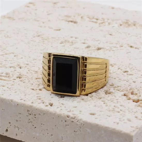 Classic Men's Black Stone Wedding Ring Stainless Steel Gold Plated Band Ring