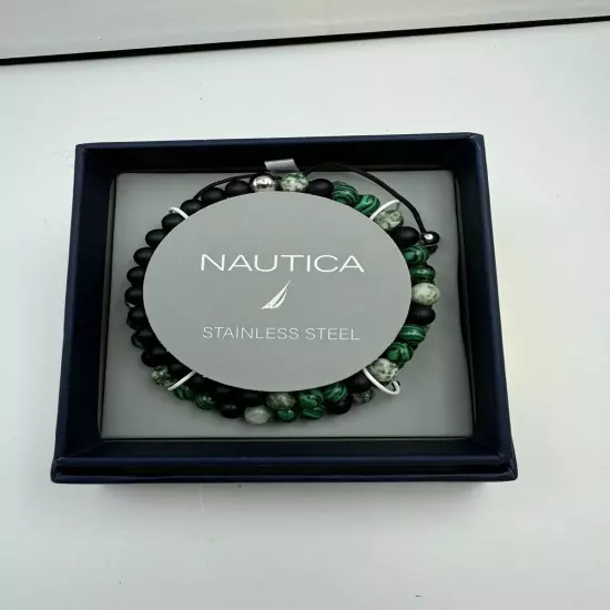 740-PATT Nautica NEW Men’s Black, Silver ,Green, White Beaded Stretch Bracelets