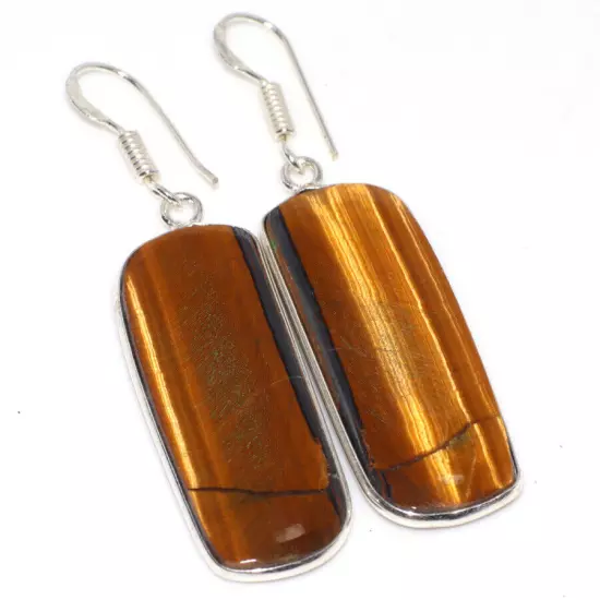 925 Silver Plated Tiger Eye Ethnic Earrings Handmade Jewelry Size 2.3" JW