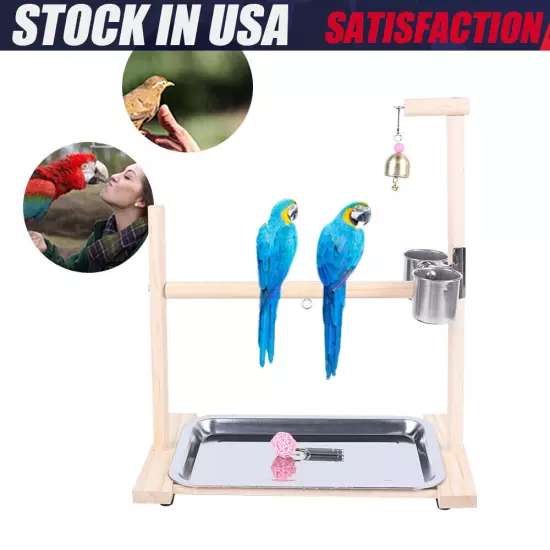 Parrot Bird Perch Table Top Stand Metal Wood 2 Cups Play Training Perch Rack Kit