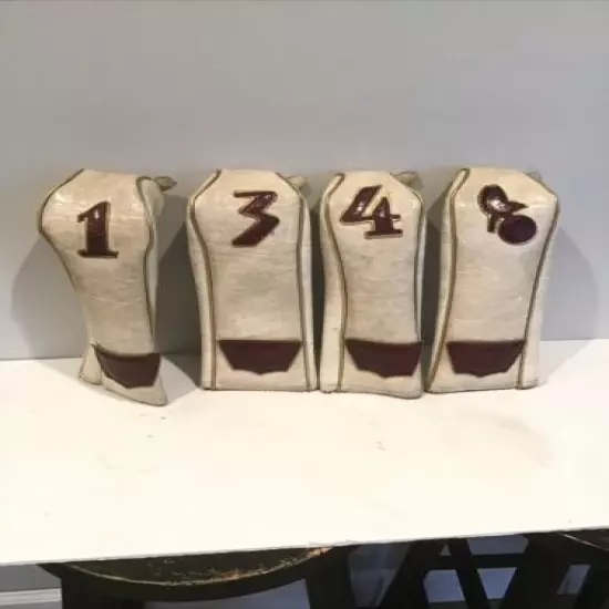 Set of 4 VINTAGE Spalding BIRDIE ON BALL Golf Club Head Covers Tan Burgundy