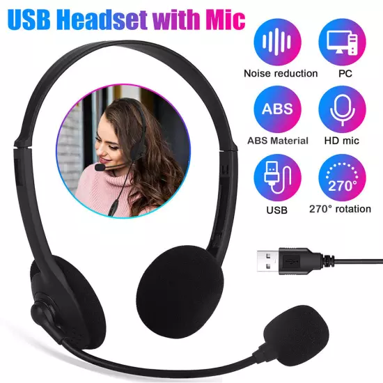 USB Headset Headphone with Microphone Noise Cancelling for PC Computer Call Chat