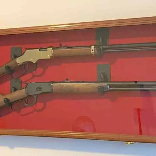 Gun Display Case Cabinet Rifle Cherry Blue Wood Handgun Shotgun Lock USA 45.5"