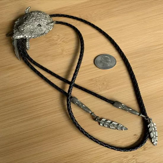 Vintage Native American Buffalo Bolo Tie Pewter Turquoise Unique Feather Aglets