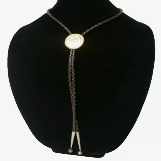 Bolo Tie with Gold Tone Concho Motif with Brown Braided Leather Cord Adjustible