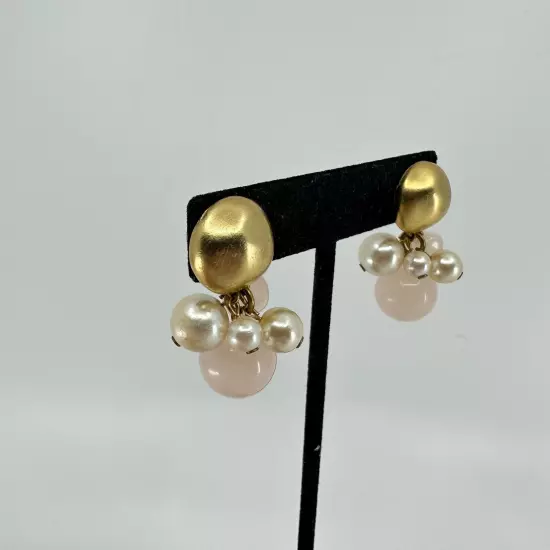 VTG Earrings Beaded Dangle Pink White Hammered Metal Gold Tone Stud Pierced Ear