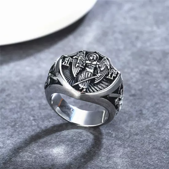 Archangel Sword Angel Ring Stainless Steel Vintage Angel Wings Shield Ring Biker