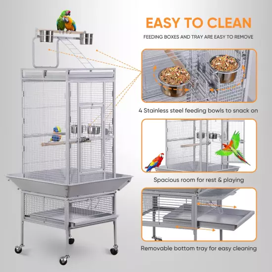 61" Large Bird Cage with Rolling Stand for Parrot Cockatoo Pet House Wrought Iro