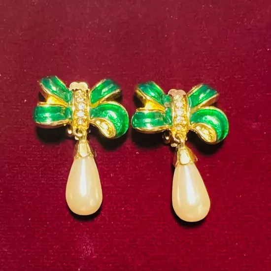 Vintage Weingeroff Gold Green Bow Rhinestone Pearl Earrings