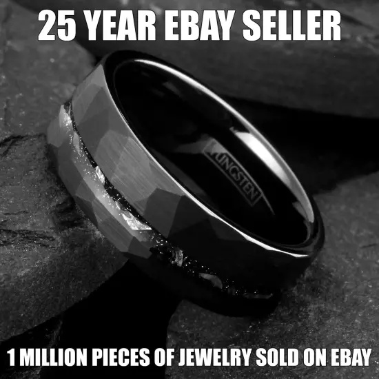 8mm Black Tungsten Men's Faceted Faux Meteorite Striped Wedding Band Ring