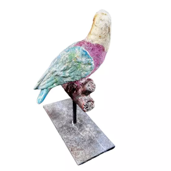 Distressed Perched Cement Parrot on Iron Stand