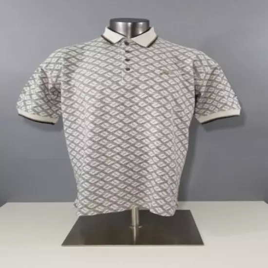 Reebox Vintage 1980s Polo Golf Shirt Cream Grey Geometric Print Mens Size Large