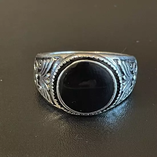 Oval Black Obsidian Stone S925 Silver Plated Men Women Ring Size 8.75