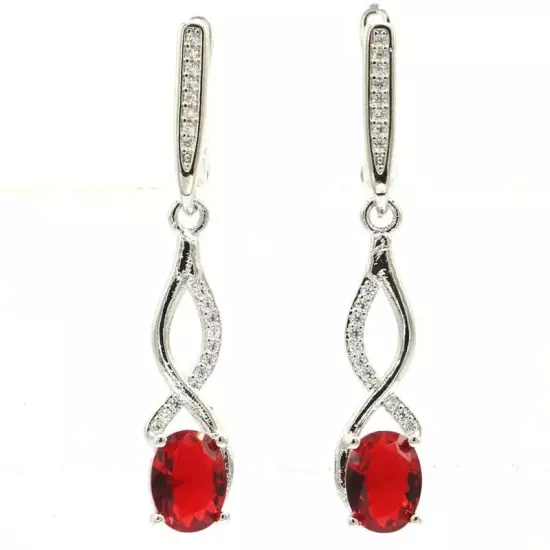 Bohemia Design Red Blood Rubies White CZ Woman's Engagement Silver Earrings 