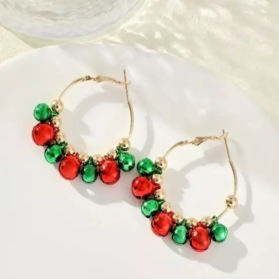 Christmas Bell Green~Red Gold Tone Hoop Earrings Pierced Women Girls Jewelry New