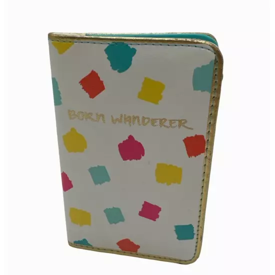 Mara Mi Passport Holder "Born Wanderer" Print White Bright Colors & Gold Trim