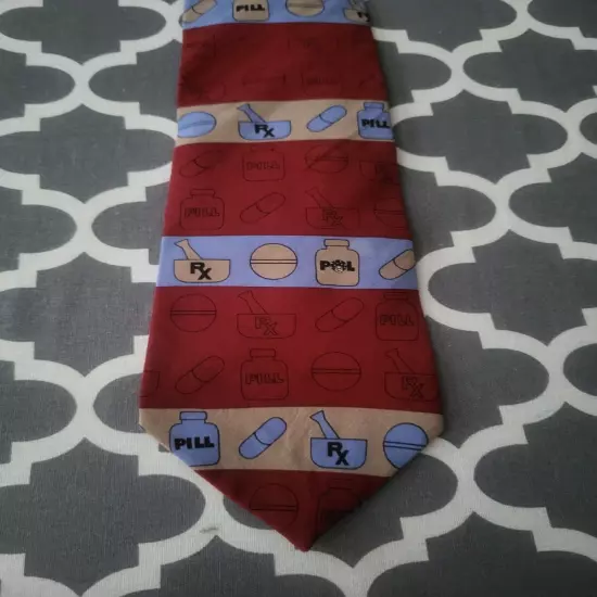 Vicky Davis Maroon 'Filler Up' Pharmacy RX Themed Tie, 100% silk - EUC