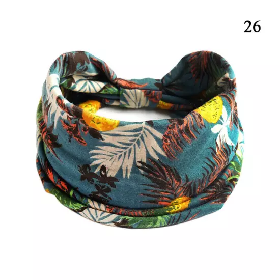 Women Boho Flower Print Wide Headband Vintage Knot Elastic Turban Headwrap *