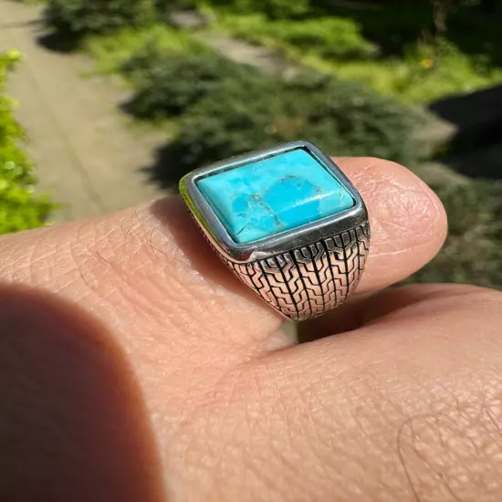 Blue Turquoise Mens Real Solid 925 Silver Navajo Native American Inspired Ring