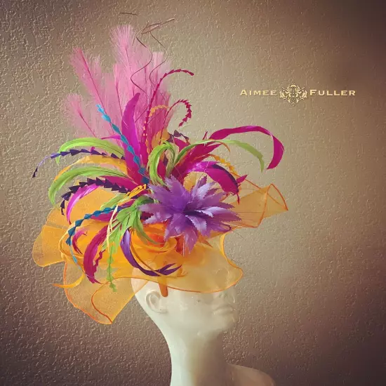 Aimee Fuller Kentucky Derby Fascinator Big Hat Rainbow Yellow Red Royal Ascot