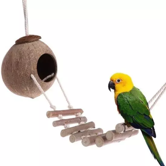 Pet Daily Kit Natural Coconut Shell Bird Nest With Ladder Pet Bird Cage Toys hot