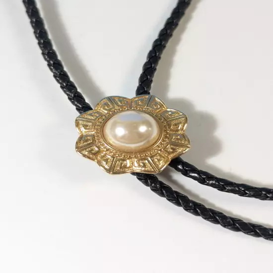 Bolo Tie Black Braided Cord and Faux Pearl Circle Slide Pendant Gold Tone