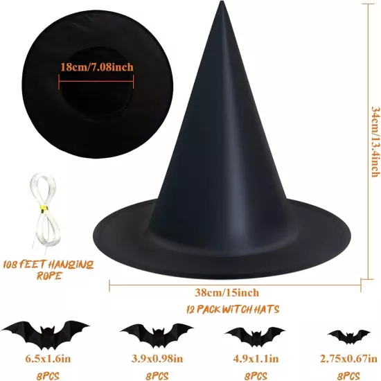 Dokeawo Witch Hat, 12 Pack Halloween Decorations, Includes 32Pcs 3D Bats,... 