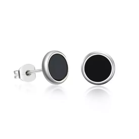 Solid 10K White Gold With Amazing Black Enamel Round Stud Earrings For Men's