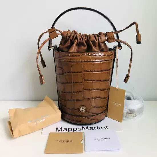 MICHAEL KORS COLLECTION Audrey Medium Croc Embossed Leather Bucket Bag CHESTNUT