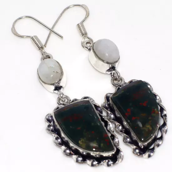 925 Silver Plated Bloodstone Rainbow Moonstone Long Earrings Size 2.4" JW